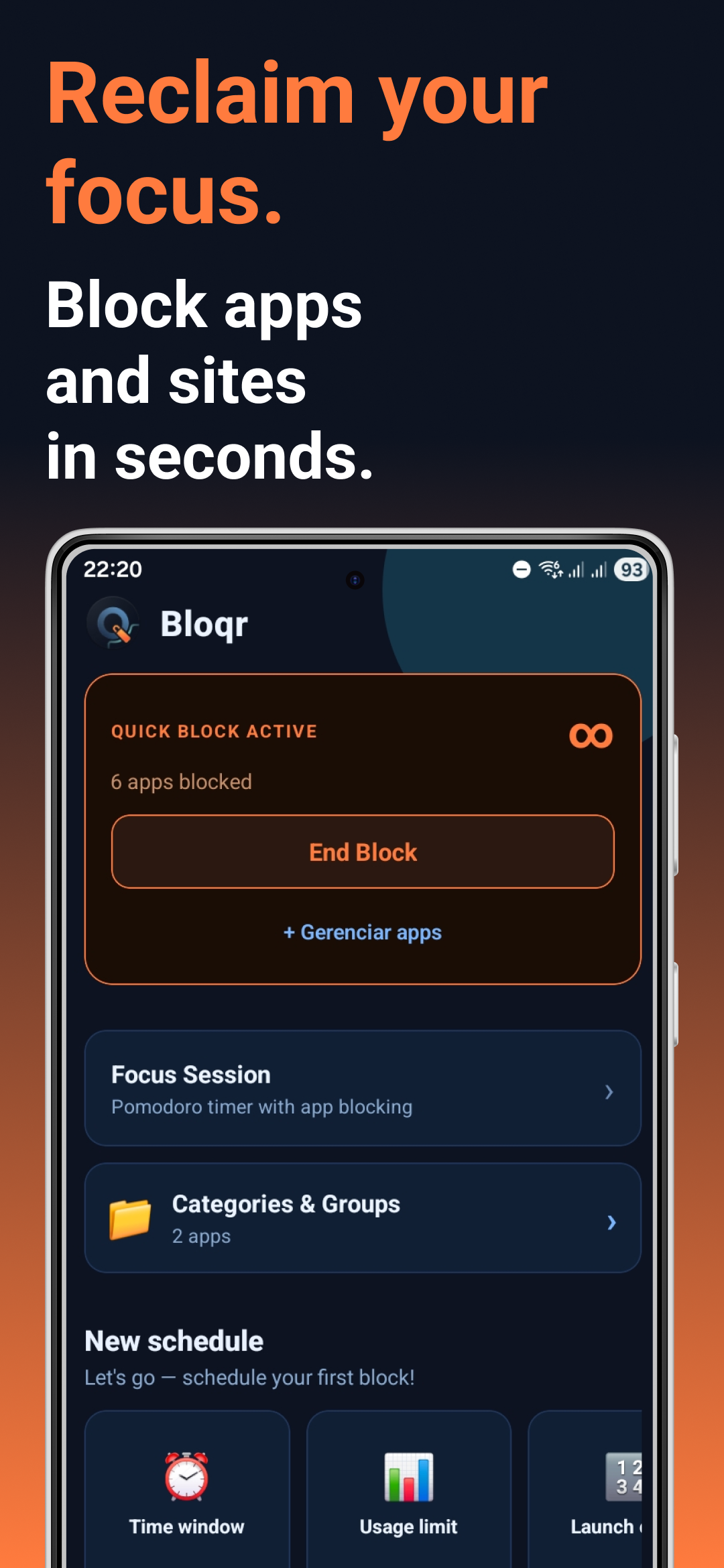 Bloqr home screen — Quick Block active